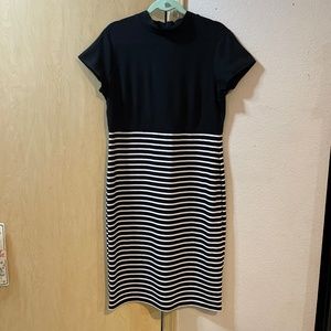Women 1X Figure Flattering Straight Cut Career Dress Black White Striped